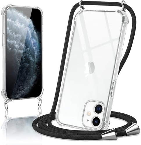 Micnkifo Handyband Hülle mit Band für iPhone 11 Pro, Necklace Handyhülle mit Kordel Schutzhülle für zum Umhängen, Transparent TPU Case Stoßfest Kratzfest Silikon Cover mit Kette, Schwarz