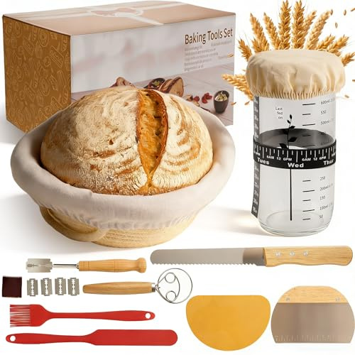 ASOBEAGE Sourdough Starter Kit – 11-Pcs Bread Proofing Basket Set with Bread Knife, 9 Banneton Basket with Liner, Glass Starter Jar, Dough Whisk & Scrapers for Beginner Bakers