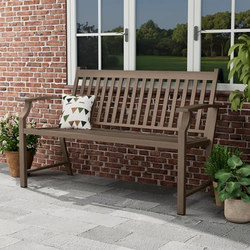Amopatio Gartenbank mit Lehne, Sitzbank wetterfest Metall Holzimitat, 3-Sitzer, stabile Stahlkonstruktion bis 240 kg belastbar, UV-beständig, 128x62x90cm, für Balkon, Park, Garten | Braun