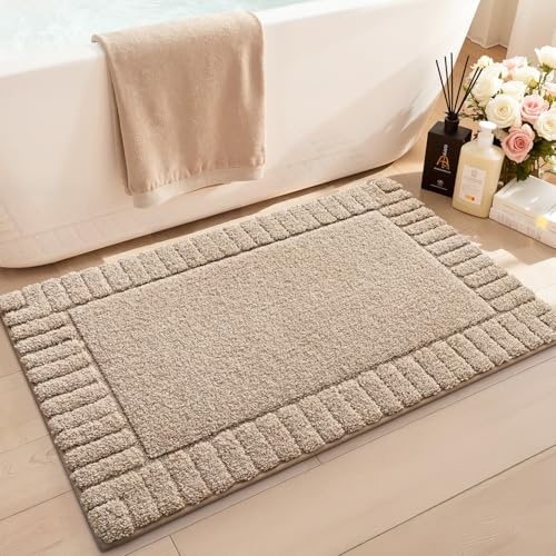 LUMI Badematte 40 x 60 cm aus Mikrofaser, rutschfest, Saugfähig, Beige | Weicher Badteppich für Badezimmer, Maschinenwaschbar Badezimmerteppich, Dusche, Badewanne und Waschbecken