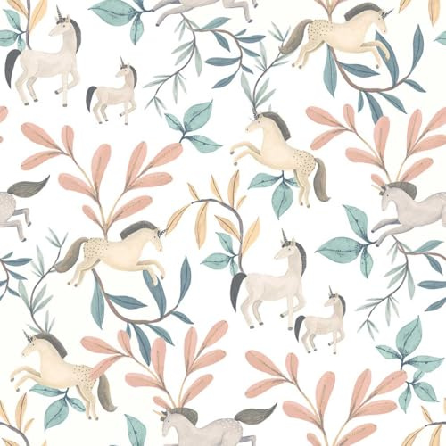 Hexoa Papier Peint Licornes et feuillages Pastel Enfant - Made in France - 53x1000
