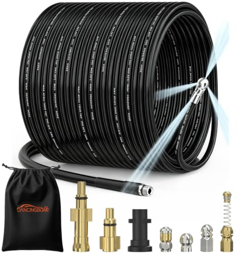 30m Sonda Sturatubi per Idropulitrice, Kit Pulizia Profonda Delle Tubature | per Karcher K2-K7, Bosch AQT, Lavor, sturatubi idropulitrice con 4 Ugelli a Getto e 3 Adattatori