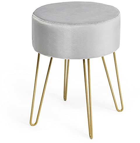 CASART Velvet Round Footstool, Metal Legs Vanity Pouffe Stool, Dressing Table Stools Ottoman for Bedroom Living Room (Grey)