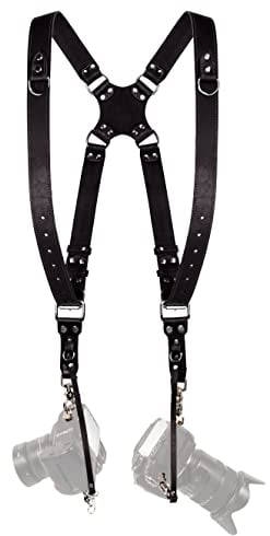 C Coiro Kameragurt für 2 Kameras mit doppeltem Tragegurt aus Leder und verstellbarem Schultergurt - Ledergurt für DSLR/SLR - Camera Dual Shoulder Strap, Standard/Schwarz