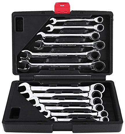 Maul-Ringschlüssel-Satz, 12-TLG Ratschen Ring Maulschlüssel Set aus Chromvanadium, Ringmaul-Schlüssel-Set mit Fester Kopf, Werkzeugkoffer