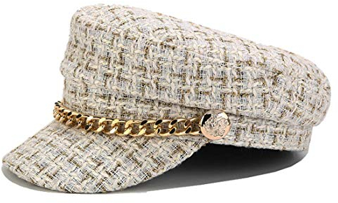 INOGIH Frauen Kariert Tweed Newsboy Bäcker Junge Hut Kapitän Seemann Fischerhut Schirmmütze mit Kette, Weiß, Einheitsgröße