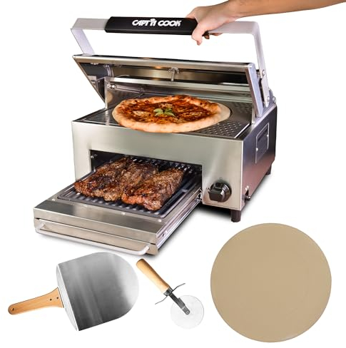 CAPT'N COOK OvenPlus Pizza Oven Outdoor Gas Pizza Oven, Portable Propane Pizza Oven with Double Cooking Deck, Smokeless Outdoor Pizza Maker with Pizza Stone, Cutter and Peel for Backyard BBQ Camping
