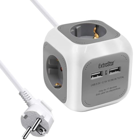 EXTRASTAR Steckdosenwürfel mit 2 USB-Anschlüssen(5V/2.1A), 4-Fach Steckdosenleiste mit 1.5M Kabel, Mehrfachsteckdose Würfel für Büro, Heim oder Reise, Grau