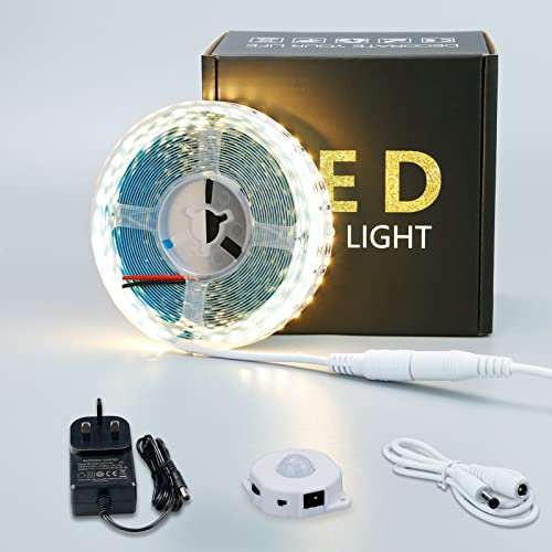JOYLIT Motion Sensor LED Strip Light 5 Meters, 3000K Warm White LED Strip with Motion Sensor + 12V Power Supply, 2 Activated Modes Bright 2835 SMD Motion Triggered Tape Lights for Stairs, Wardrobe