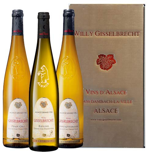 Coffret Cadeau vin 3 bouteilles Grand cru d'Alsace riesling, Pinot-gris et Gewurztraminer Gisselbrecht - bouteillles de 750 ml