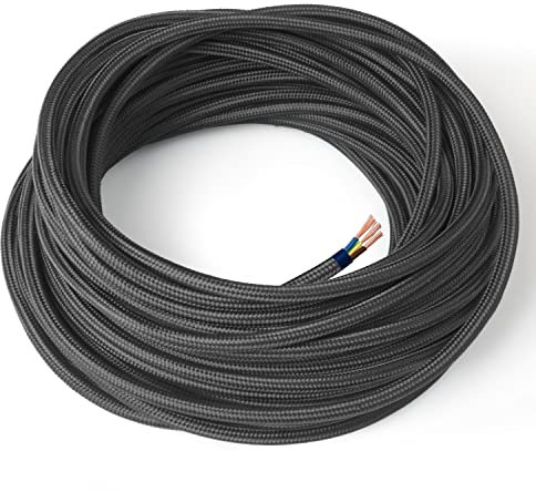 Amarcords - Cavo elettrico tessile colore GRIGIO SCURO tondo seta 10 metri con messa a terra 3x075mm - Filo rivestito in tessuto colorato vintage per lampade lampadari applique e abat jour.