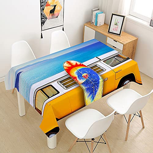 FANSU Tischdecke Wasserdicht Tischwäsche, Rechteckige Wasserabweisend Abwaschbar 3D Surfbrett Tischtuch für Küche Garten Outdoor Esstisch Dekoration (Gelber Bus,100x140cm)