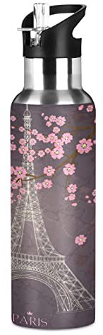Art Mignon Paris Tour Eiffel Isotherme Bouteille d'eau avec Paille, Gourde Sport en Acier Inoxydable 600ML Gourdes sans BPA pour Enfant Garçon Fille École Bureau