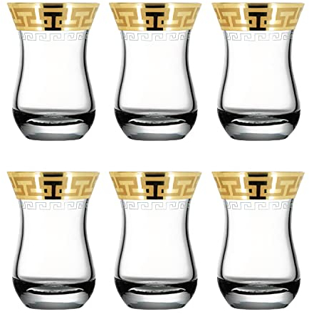 Turkish Tea Cups Set of 6 with Gold Rim/Oriental Traditional Clear Tea Glasses/Arabic Tea Cups/Green Herbal Tea/Expresso Shot (6 Piece) Gift Set - 100ml 10cl (Gold Greek Ornament)