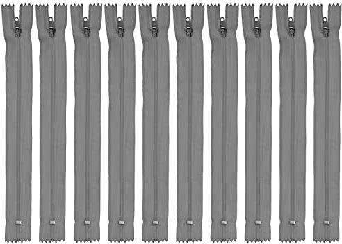 Faden & Nadel Reißverschluss Set: 10 Nylon Reißverschlüsse, nicht teilbar, 22 cm lang, grau