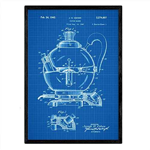 Nacnic Kaffeemaschine 2 Kunstdruck mit Rahmen, Antikes Patent in Größe A3 mit blauem Hintergrund, mit Rahmen