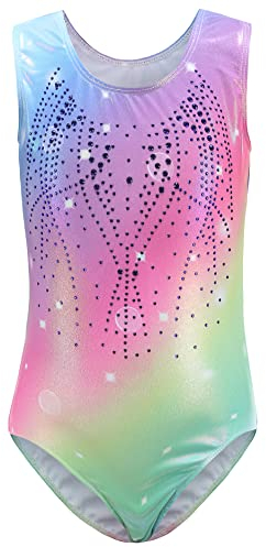 AIEOE Gymnastikanzug Mädchen Rundhalsausschnitt Design Kinder Turnanzug Ärmellos Klassisch Strapazierfähig Regenbogen 9-10 Jahre