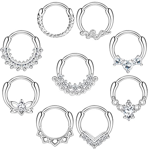 Kakonia 9stk Septum Piercing Chirurgenstahl für Damen Herren 16G Zirkonia Nasenpiercing Ring Tragus Daith Helix Piercing Ring Silber Septum Piercing Set
