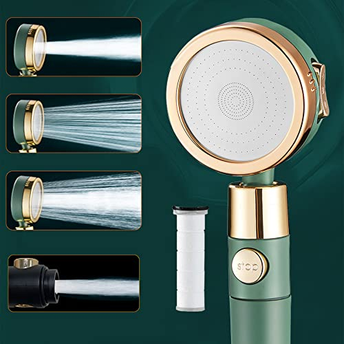 Duschkopf Wassersparend mit Druckerhöhung, 4.6 L/min, Woukksy Handbrause mit 3 +1 Strahlarten, Hochdruck Duschbrause mit 1 Filter - One Key Wasserstopp - ABS - Regendusche Shower Head-Grün