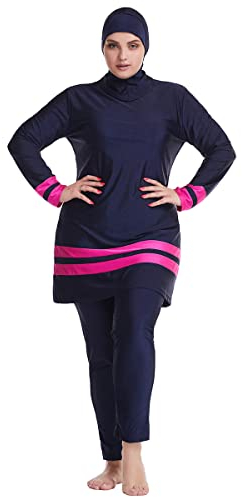 Burkini Damen Muslim Übergröße Frauen Muslimische Bademode Islamisch Arabisch Jilbab Langarm Schwimmoberteile Built in Bra+Schwimmhose+Hijab Kopftuch Khimar 3tlg Ganzkörper Schwimmanzug Rosa 6XL