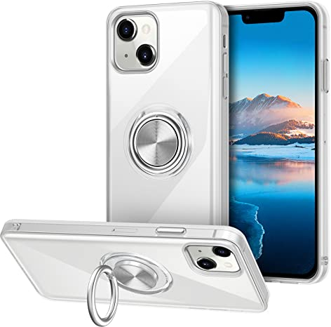 Vunake Kompatibel mit iPhone 14 Hülle Clear Silikon TPU Ultra Dünn Case mit 360 Grad Ring Ständer Handyhülle Fingerhalter Magnetische Autohalterung Schutzhülle Cover für iPhone 14 6,1 - Transparent