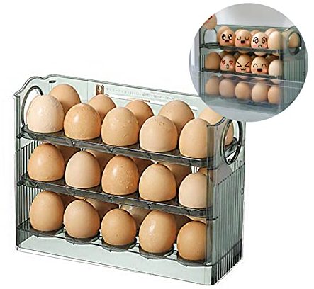 MISNODE Contenitore per uova per frigorifero, 3 livelli di supporto per uova per frigorifero, 30 uova di grande capacità per uova e frigorifero, verde