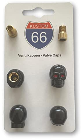 4er Set Ventilkappen + 2 Fahrradadapter - Totenkopf v2 Schwarz - für jedes Auto, Motorrad und Fahrrad geeignet