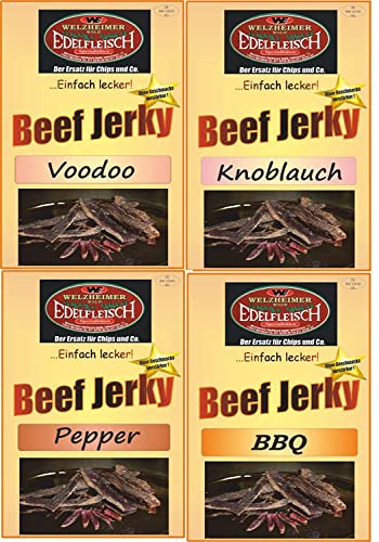 Edelfleisch 2 Kg Mega Biltong Beef Jerky Probierpaket 4 Sorten BBQ+Voodoo+Knoblauch+Pfeffer STIX