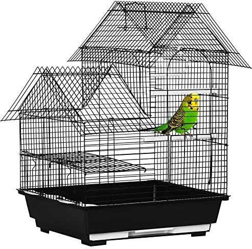 PawHut Jaula para Pájaros 39x33x47 cm Pajarera Metálica con 3 Puertas 2 Comederos 2 Perchas Columpio Bandeja Extraíble y Asa de Transporte para Canarios Negro
