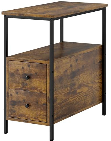 HOMCOM Side Table, Narrow Bedside Table with 2 Drawers and Storage Shelf, Industrial End Table with Metal Frame for Small Spaces, Rustic Brown