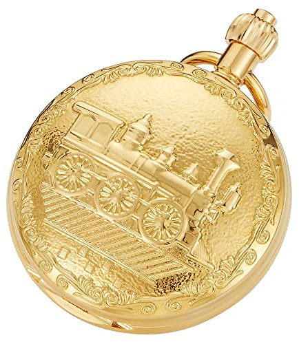 Tiong Mechanische Taschenuhr mit goldenem Zug-Design, Datum, Kalender, Steampunk, römische Ziffern, Herren-Taschenuhr mit Kette und Box