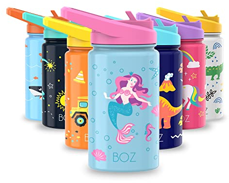 BOZ Kids Insulated Water Bottle with Straw Lid, Stainless Steel Vacuum Double Wall Water Cup, 14 oz (414ml). Scratch-Resistant Cute Print and Carry Handle, BPA-Free and Dishwasher-Safe (Mermaid)