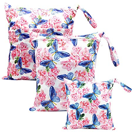 SHTGOI 3 Stück Wet Dry Cloth Windeltaschen Windeltasche Wasserdicht Wickeltasche Wiederverwendbar Wetbag Stoffwindeln mit Doppeltem Reißverschluss und Druckknopfgriff Nasstaschen Organiser 1#