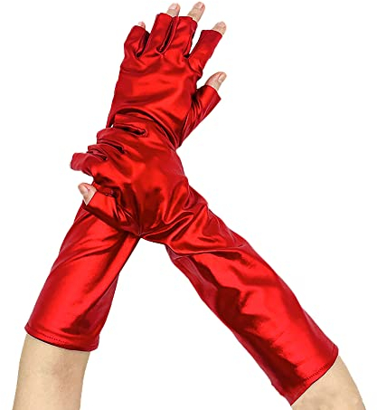 Glänzend Fingerlose Handschuhe,Metallic Glitzer Handschuhe Shine 35 cm-Zubehör Gloves Prinzessin Show Tänzerin Flapper Girl Abendkleid Kostüm Karneval Junggesellenabschied Mottoparty Tanzshow,Rot