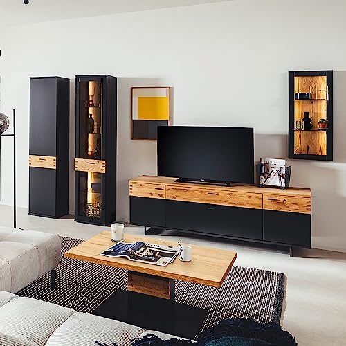 Lomadox Wohnwand Set mit Couchtisch und Beleuchtung, CHAPLEAU-03, in Schwarzgrau lackiert mit Wildeiche massiv geölt