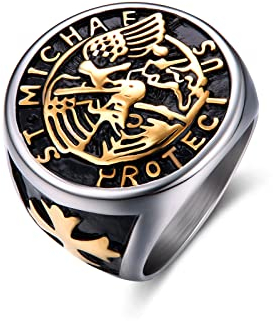 Dochais Edelstahl Siegelring Fingerring für Herren Damen, Heiliger Michael Christophorus Fingerring Saint Benedikt Ring (11, Gold)
