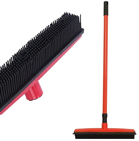 Youyijia Rubber Broom Brush, Carpet Brush for Cleaning Rubber Broom Indoor 68-120cm Adjustable Handle Pet Hair Cat Dog Removal Cleaning Floor Brush Silicone Sweeper Outdoor Broom Hardwood Tiles, Red