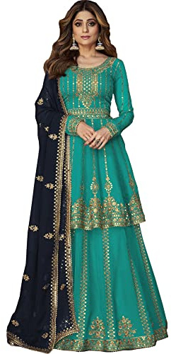 JIVRAJ FASHION Indischer Designer Salwar Kameez Lehenga Anzug Damen Event Party Anlass Wear Lengha Kameez Kleider, blaugrün, 64