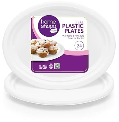 HOMESHOPA Plastic Oval Plates, Pack of 24 White Serving & Dinner Dishes, Reusable & Washable Dinner Plates, Stackable Lightweight Serving Platter for Parties, Weddings, Catering & Picnic, 33x26 cm