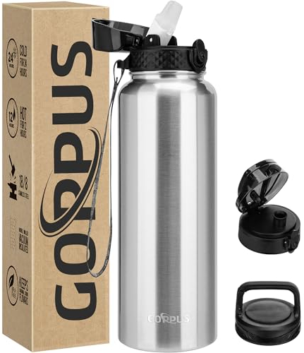 GOPPUS 1.2L/40oz Botella Agua Acero Inoxidable con Pajita Termo Agua Caliente Fría Botellas Agua Acero Doble pared Aisladas a Prueba Fugas Botella Bebida con Tapa Abatible para Adultos con 3 Tapas