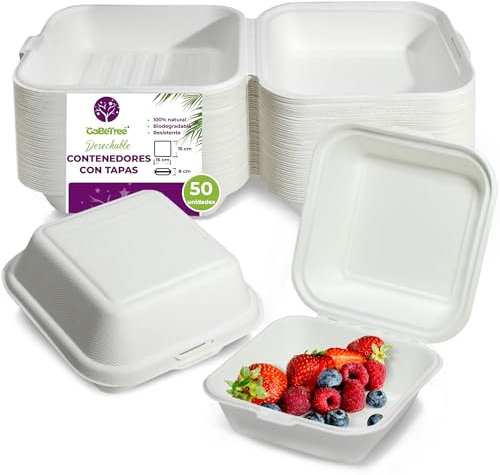GoBeTree 50 Envases de Caña de Azúcar 15 cm: Contenedores Biodegradables para Comida Para Llevar - Hamburguesas, Arroz, Pasta - Recipientes con Tapa