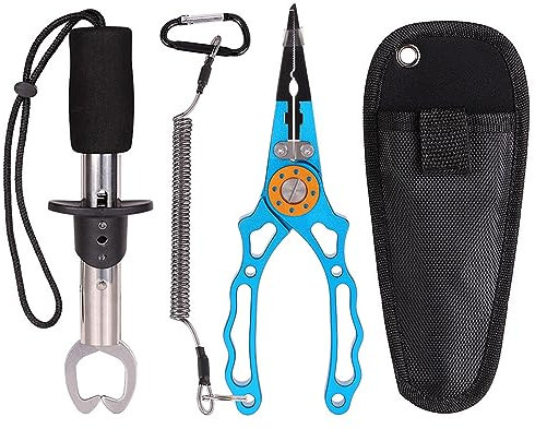 Set di pinze da pesca, pinza da pesca in alluminio, strumento multiuso per la rimozione di ami da pesca, pinza per il controllo dei pesci con borsa di sicurezza (blu)