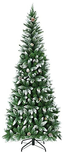 KOMFOTTEU 220 cm künstlicher Weihnachtsbaum, Christbaum mit 39 Tannenzapfen & 720 Zweigspitzen mit Schnee, Tannenbaum mit faltbarem Metallständer für Zuhause Büro Geschäfte, Grün