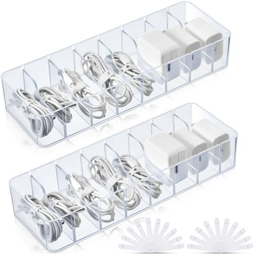 Tatuo 2 Pcs Cable Organizer Box with Wire Ties Cord Storage Charger Box Plastic Electronics Organizer with 8 Removable Divider Cable Storage for Office Home Desk Accessories (Clear)