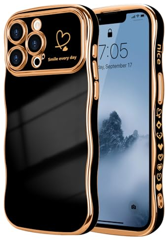 LCHULLE Kompatibel mit iPhone 13 Pro Max Hülle Liebesherz Mädchen Handyhülle Wellen Lockige Form mit erhoben Kameraschutz Luxus Galvanisierte Schutzhülle Girls Case für iPhone 13 Pro Max Schwarz