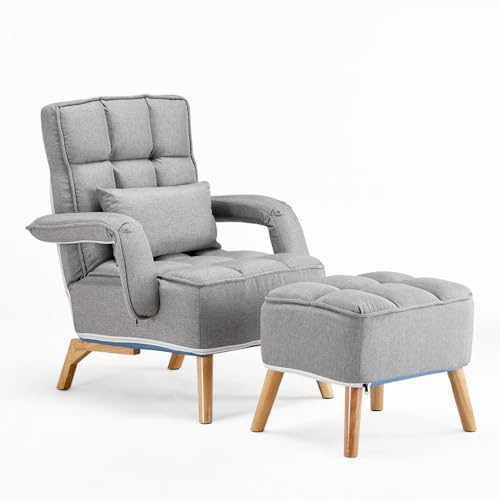 TUKAILAI Relaxsessel mit liegefunktion,Ohrensessel mit hocker,Leinenstoff Sessel Wohnzimmer,relaxsessel mit schlaffunktion,fernsehsessel,Seitentaschen,Holzbeinen,loungesessel,Grau