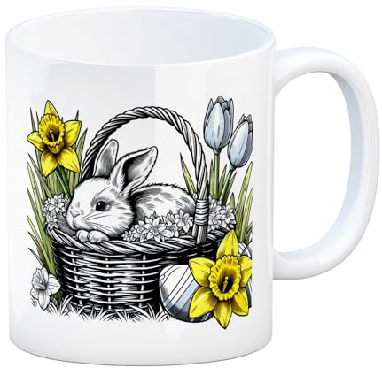 Osterhase im Osternest Kaffeebecher Süßer Osterhase im Korb Tasse im Osterkorb-Design Osterglocken Blumen Tasse