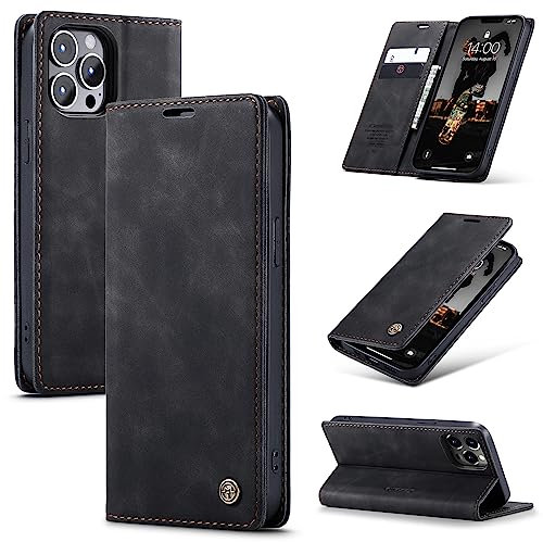 owlhold Handyhülle für iPhone 13 Pro MAX Hülle, Premium Lederhülle Weiches Vintage-Nubukleder Faltbare Ständer Klapphülle Kartenfach Standfunktion stoßfest Schutzhülle für iPhone 13 Pro MAX -Schwarz