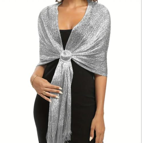 Funkelnde metallische Tücher und Wickel, Schimmernder Schals und Wraps mit Fransen Schal Silberner Schal für die Abendparty Formale Kleider Hochzeit Brautjungfer (mit kostenloser Schalschnalle)
