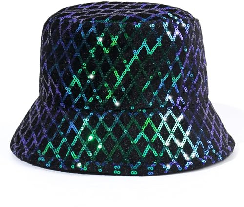 MILAKOO Party Eimer Hut Fischschuppen Print Glittered Kopfbedeckung Doppel Seite Tragen Reversible Holographic Eimer Kappe für Rave 80er 90er Party
